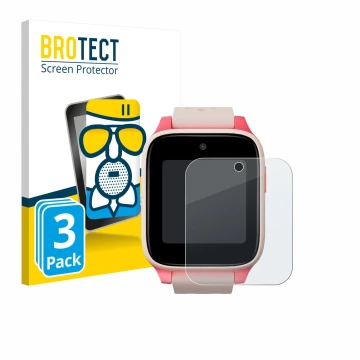 Vorderseite einer Produktverpackung mit dem Markenlogo BROTECT. Daneben ist das Gerät TCL Movetime Kids Watch MT46 mit dem zug