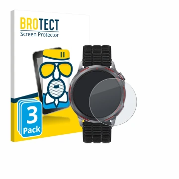 Vorderseite einer Produktverpackung mit dem Markenlogo BROTECT. Daneben ist das Gerät Huawei Watch GT Runner 2 mit dem zugehör