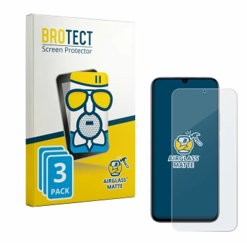 Vorderseite einer Produktverpackung mit dem Markenlogo BROTECT. Daneben ist das Gerät realme C100 4G mit dem zugehörigen Displ