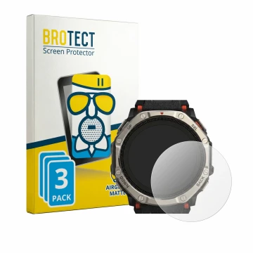 Vorderseite einer Produktverpackung mit dem Markenlogo BROTECT. Daneben ist das Gerät Huami Amazfit T-Rex Dual Solar mit dem z