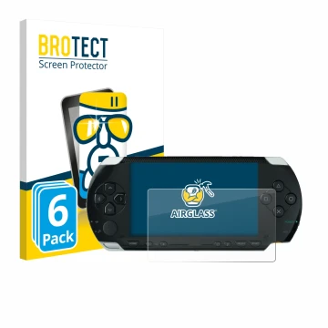 Vorderseite einer Produktverpackung mit dem Markenlogo BROTECT. Daneben ist das Gerät Sony PSP 1000 mit dem zugehörigen Displa