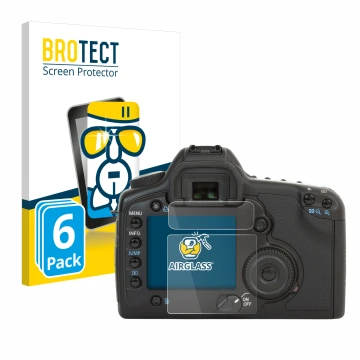 Vorderseite einer Produktverpackung mit dem Markenlogo BROTECT. Daneben ist das Gerät Canon EOS 5D mit dem zugehörigen Display