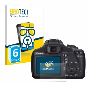 Vorderseite einer Produktverpackung mit dem Markenlogo BROTECT. Daneben ist das Gerät Canon EOS 1100D mit dem zugehörigen Disp