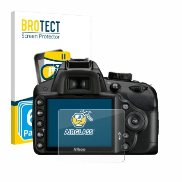 Vorderseite einer Produktverpackung mit dem Markenlogo BROTECT. Daneben ist das Gerät Nikon D3200 mit dem zugehörigen Displays
