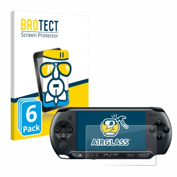 Vorderseite einer Produktverpackung mit dem Markenlogo BROTECT. Daneben ist das Gerät Sony PSP 1004 mit dem zugehörigen Displa