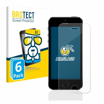 Vorderseite einer Produktverpackung mit dem Markenlogo BROTECT. Daneben ist das Gerät Apple iPhone 5S mit dem zugehörigen Disp