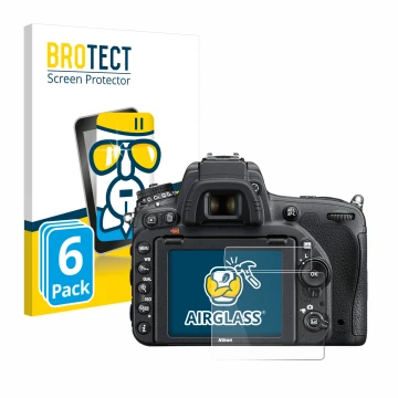 Vorderseite einer Produktverpackung mit dem Markenlogo BROTECT. Daneben ist das Gerät Nikon D750 mit dem zugehörigen Displaysc