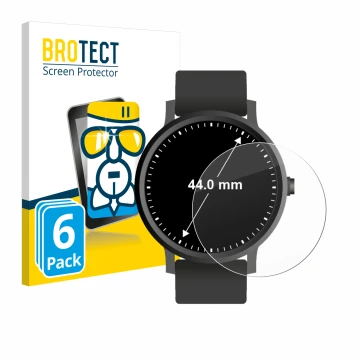 Vorderseite einer Produktverpackung mit dem Markenlogo BROTECT. Daneben ist das Gerät Armbanduhren (Kreisrund, ø: 44 mm) mit d