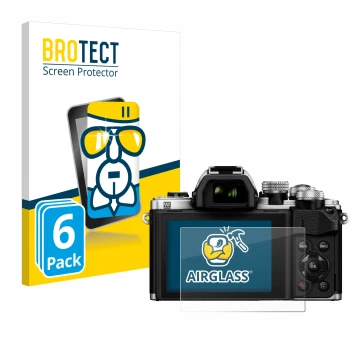 Vorderseite einer Produktverpackung mit dem Markenlogo BROTECT. Daneben ist das Gerät Olympus OM-D E-M10 Mark II mit dem zugeh