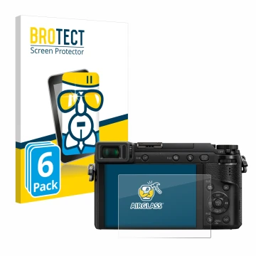 Vorderseite einer Produktverpackung mit dem Markenlogo BROTECT. Daneben ist das Gerät Panasonic Lumix DMC-GX80 mit dem zugehör