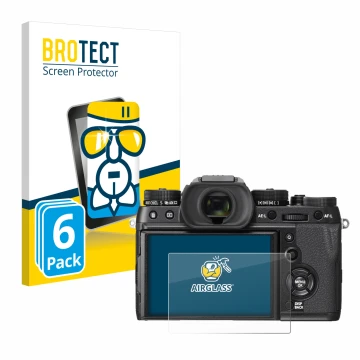 Vorderseite einer Produktverpackung mit dem Markenlogo BROTECT. Daneben ist das Gerät Fujifilm X-T2 mit dem zugehörigen Displa