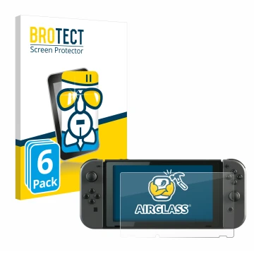 Vorderseite einer Produktverpackung mit dem Markenlogo BROTECT. Daneben ist das Gerät Nintendo Switch mit dem zugehörigen Disp