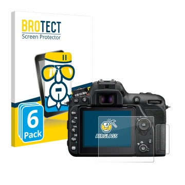 Vorderseite einer Produktverpackung mit dem Markenlogo BROTECT. Daneben ist das Gerät Nikon D7500 mit dem zugehörigen Displays
