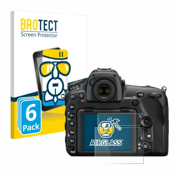 Vorderseite einer Produktverpackung mit dem Markenlogo BROTECT. Daneben ist das Gerät Nikon D850 mit dem zugehörigen Displaysc