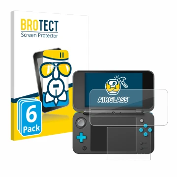 Vorderseite einer Produktverpackung mit dem Markenlogo BROTECT. Daneben ist das Gerät New Nintendo 2DS XL mit dem zugehörigen 