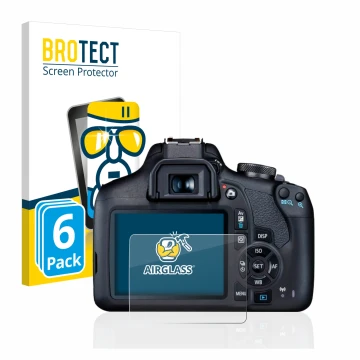 Vorderseite einer Produktverpackung mit dem Markenlogo BROTECT. Daneben ist das Gerät Canon EOS 2000D mit dem zugehörigen Disp
