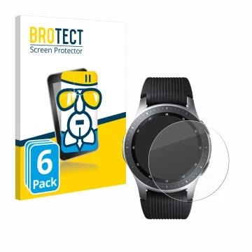 Vorderseite einer Produktverpackung mit dem Markenlogo BROTECT. Daneben ist das Gerät Samsung Galaxy Watch (46 mm) mit dem zug