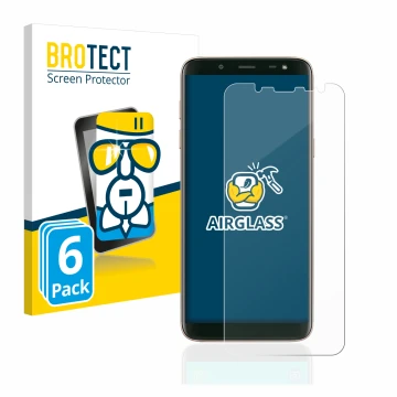 Vorderseite einer Produktverpackung mit dem Markenlogo BROTECT. Daneben ist das Gerät Samsung Galaxy J6 2018 mit dem zugehörig