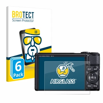 Vorderseite einer Produktverpackung mit dem Markenlogo BROTECT. Daneben ist das Gerät Canon PowerShot SX740 HS mit dem zugehör