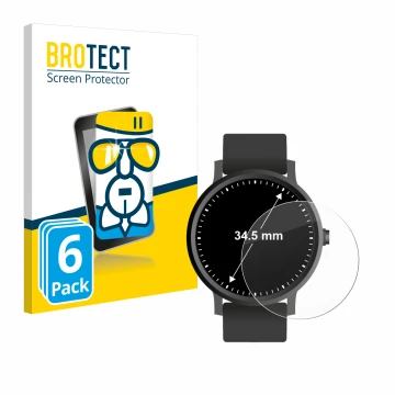 Vorderseite einer Produktverpackung mit dem Markenlogo BROTECT. Daneben ist das Gerät Armbanduhren (Kreisrund, ø: 34.5 mm) mit