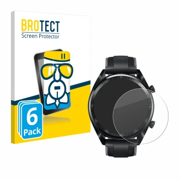 Vorderseite einer Produktverpackung mit dem Markenlogo BROTECT. Daneben ist das Gerät Huawei Watch GT (46 mm) 2018 mit dem zug