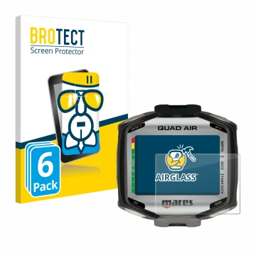 Vorderseite einer Produktverpackung mit dem Markenlogo BROTECT. Daneben ist das Gerät Mares Quad Air mit dem zugehörigen Displ