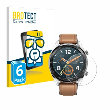 Vorderseite einer Produktverpackung mit dem Markenlogo BROTECT. Daneben ist das Gerät Huawei Watch GT Classic mit dem zugehöri