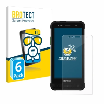 Vorderseite einer Produktverpackung mit dem Markenlogo BROTECT. Daneben ist das Gerät Cyrus CS45 XA mit dem zugehörigen Displa