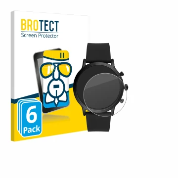 Vorderseite einer Produktverpackung mit dem Markenlogo BROTECT. Daneben ist das Gerät Fossil The Carlyle HR (5.Gen) mit dem zu
