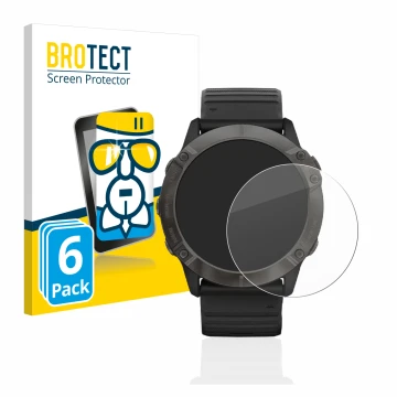 Vorderseite einer Produktverpackung mit dem Markenlogo BROTECT. Daneben ist das Gerät Garmin Fenix 6X Pro mit dem zugehörigen 