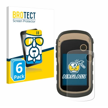 Vorderseite einer Produktverpackung mit dem Markenlogo BROTECT. Daneben ist das Gerät Garmin eTrex 32x mit dem zugehörigen Dis