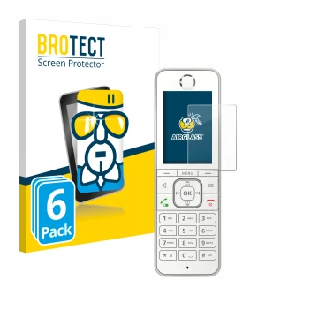 Vorderseite einer Produktverpackung mit dem Markenlogo BROTECT. Daneben ist das Gerät AVM Fritz!Fon C6 mit dem zugehörigen Dis