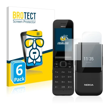 Vorderseite einer Produktverpackung mit dem Markenlogo BROTECT. Daneben ist das Gerät Nokia 2720 Flip mit dem zugehörigen Disp