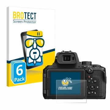 Vorderseite einer Produktverpackung mit dem Markenlogo BROTECT. Daneben ist das Gerät Nikon Coolpix P950 mit dem zugehörigen D