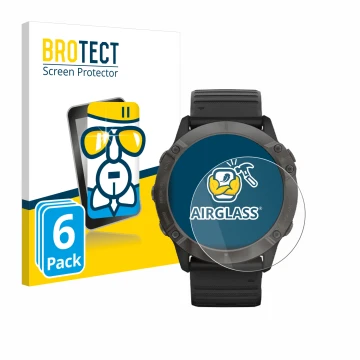 Vorderseite einer Produktverpackung mit dem Markenlogo BROTECT. Daneben ist das Gerät Garmin Fenix 6X Pro Solar mit dem zugehö