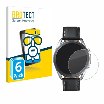 Vorderseite einer Produktverpackung mit dem Markenlogo BROTECT. Daneben ist das Gerät Samsung Galaxy Watch 3 (45mm) mit dem zu