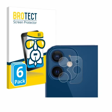 Vorderseite einer Produktverpackung mit dem Markenlogo BROTECT. Daneben ist das Gerät Apple iPhone 12 (NUR Kameraschutz) mit d