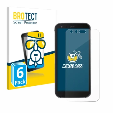 Vorderseite einer Produktverpackung mit dem Markenlogo BROTECT. Daneben ist das Gerät Caterpillar Cat S62 Pro mit dem zugehöri