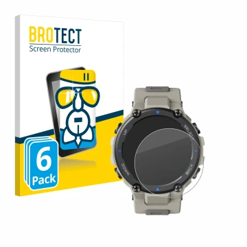 Vorderseite einer Produktverpackung mit dem Markenlogo BROTECT. Daneben ist das Gerät Huami Amazfit T-Rex Pro mit dem zugehöri