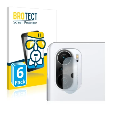 Vorderseite einer Produktverpackung mit dem Markenlogo BROTECT. Daneben ist das Gerät Xiaomi Poco F3 (NUR Kameraschutz) mit de