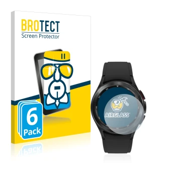 Vorderseite einer Produktverpackung mit dem Markenlogo BROTECT. Daneben ist das Gerät Samsung Galaxy Watch 4 Classic (42mm) mi