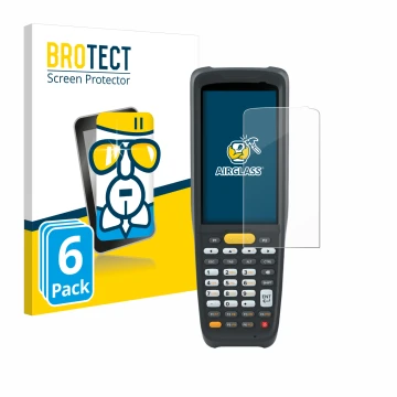 Vorderseite einer Produktverpackung mit dem Markenlogo BROTECT. Daneben ist das Gerät Zebra MC2200 mit dem zugehörigen Display