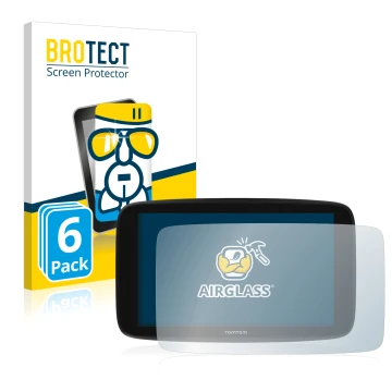 Vorderseite einer Produktverpackung mit dem Markenlogo BROTECT. Daneben ist das Gerät TomTom Go Expert 6