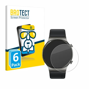Vorderseite einer Produktverpackung mit dem Markenlogo BROTECT. Daneben ist das Gerät Huawei Watch GT 2 Pro ECG mit dem zugehö