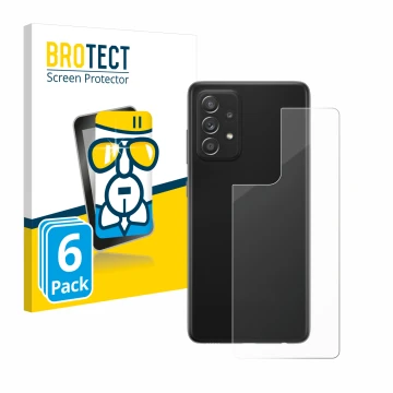 Vorderseite einer Produktverpackung mit dem Markenlogo BROTECT. Daneben ist das Gerät Samsung Galaxy A52s 5G (Rückseite) mit d