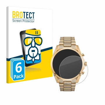 Vorderseite einer Produktverpackung mit dem Markenlogo BROTECT. Daneben ist das Gerät Michael Kors Access Gen 6 Bradshaw mit d