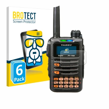 Vorderseite einer Produktverpackung mit dem Markenlogo BROTECT. Daneben ist das Gerät Yaesu FT-70DR mit dem zugehörigen Displa