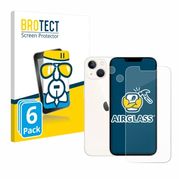 Vorderseite einer Produktverpackung mit dem Markenlogo BROTECT. Daneben ist das Gerät Apple iPhone 13 (Display+Kamera) mit dem