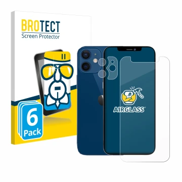 Vorderseite einer Produktverpackung mit dem Markenlogo BROTECT. Daneben ist das Gerät Apple iPhone 12 mini (Display+Kamera) mi