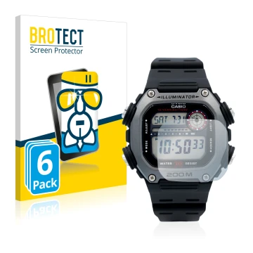 Vorderseite einer Produktverpackung mit dem Markenlogo BROTECT. Daneben ist das Gerät Casio DW-291H mit dem zugehörigen Displa